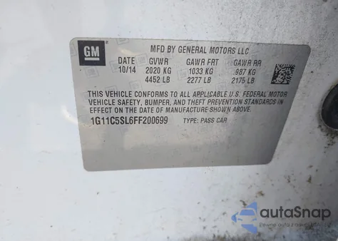 2015 Chevrolet Malibu 1Lt из США, поврежденный, VIN 1G11C5SL6FF200699